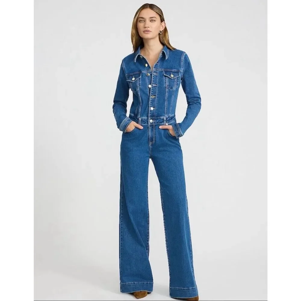 Express Stretch Denim Long Sleeve Button Front Wide Leg Jumpsuit Blue L NEW - Picture 9 of 16